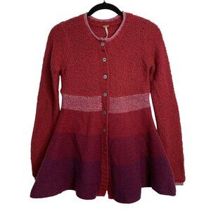 Free People XS Red Gradient Angora Wool Knit Long Cardigan Sweater Peplum Chunky